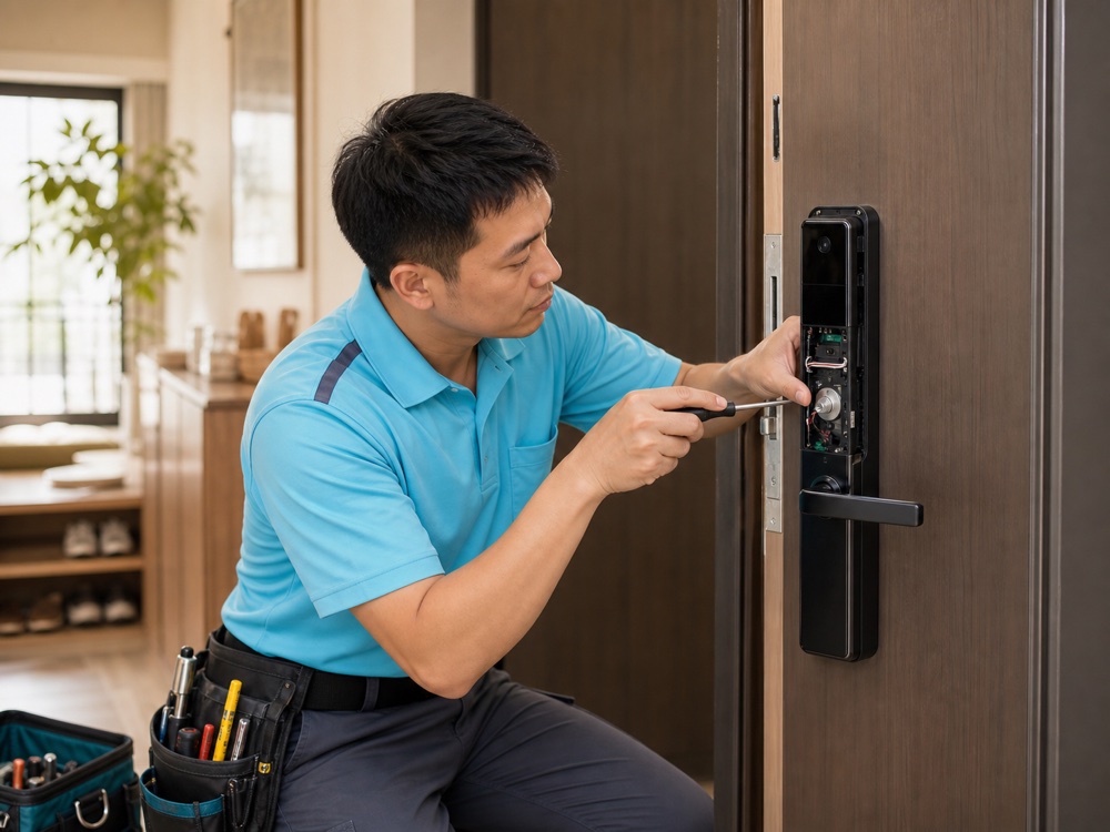 湖漾藍上衣師傅檢修電子鎖面板與內部零件
